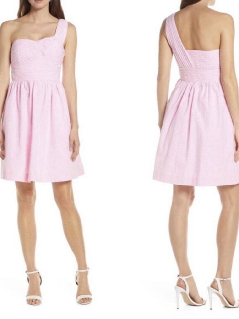 Lilly Pulitzer Addison Pink Tropics Seersucker One-Shoulder Dress 14